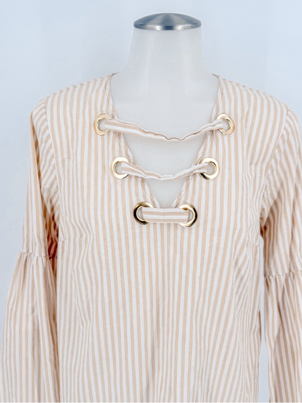 Michael Kors Cream & Beige Striped Lace-Up Bell Sleeve Top - Picture 2 of 4
